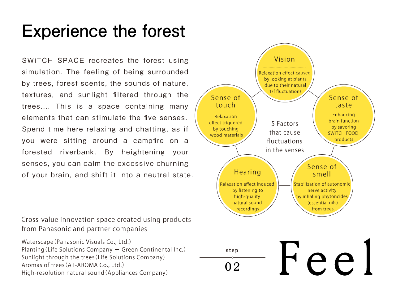 step02 Feel | Experience the forest　SWiTCH SPACE recreates the forest using simulation. The feeling of being surrounded by trees, forest scents, the sounds of nature, textures, and sunlight filtered through the trees.... This is a space containing many elements that can stimulate the five senses. Spend time here relaxing and chatting, as if you were sitting around a campfire on a forested riverbank. By heightening your senses, you can calm the excessive churning of your brain, and shift it into a neutral state.